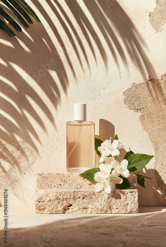 Elegant Glass Perfume Bottle On Travertine Stone Pedestal With White Flowers And Palm Leaf Shadows
