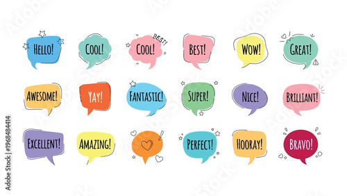 Expressive Speech Bubbles: A vibrant collection of speech bubbles bursts with colorful text, showcasing a dynamic array of expressions and sentiments. 