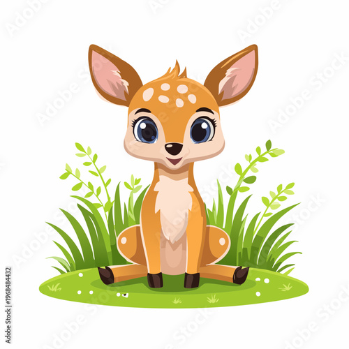 Niedliches Rehkitz sitzt im Gras – Cartoon Stil