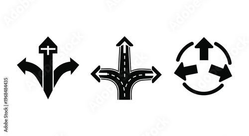 Road junction icons depicting choices and directions stark silhouette