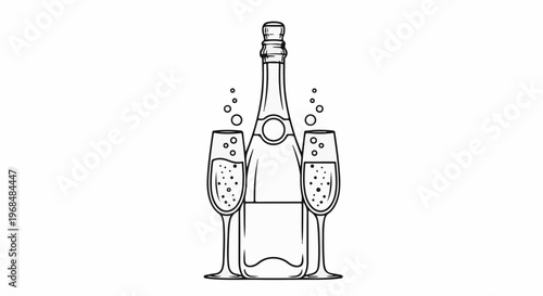 A sketched bottle of bubbly with two champagne flutes, ready to celebrate