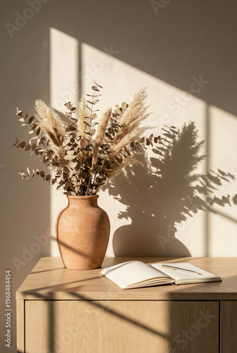 Dried Pampas Grass And Eucalyptus In Terracotta Vase Beside Open Notebook On Wooden Desk Surface