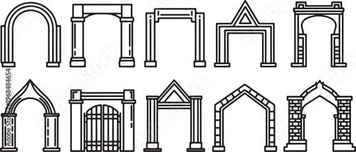 A collection of decorative wrought iron gates and fences in various architectural styles Vector