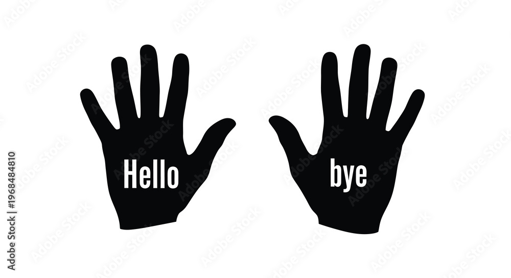 Obraz premium Two hands displaying hello and bye messages in a dark silhouette