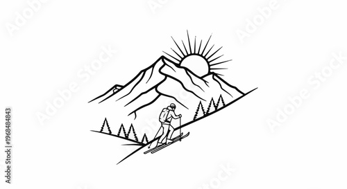 A skier descends a slope amidst mountains and fir trees under a radiant sun