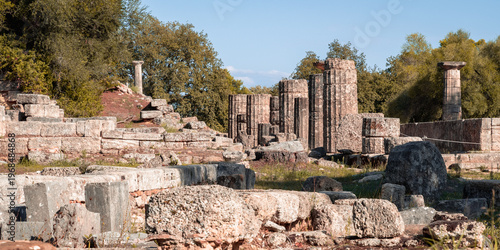 Ancient Temple Ruins with Columns in Olympia, Greece