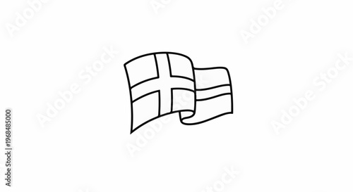 A simple line drawing depicts a flag with a prominent cross, waving gently