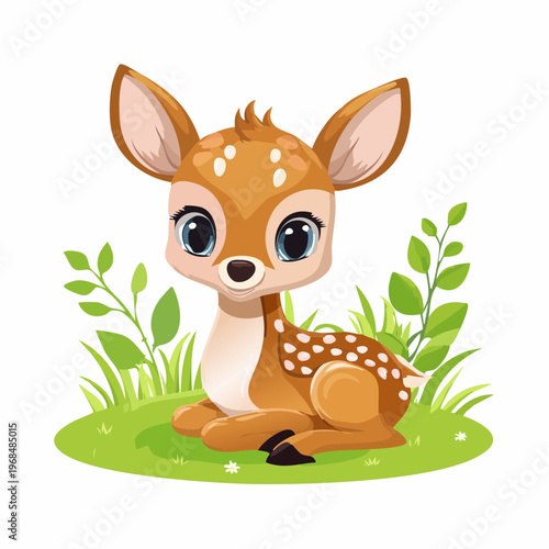 Niedliches Rehkitz sitzt im Gras – Cartoon Stil
