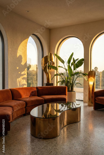 Mid Century Modern Living Room Interior With Velvet Sofa And Arched Windows