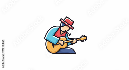A stylized person in a hat plays an acoustic guitar