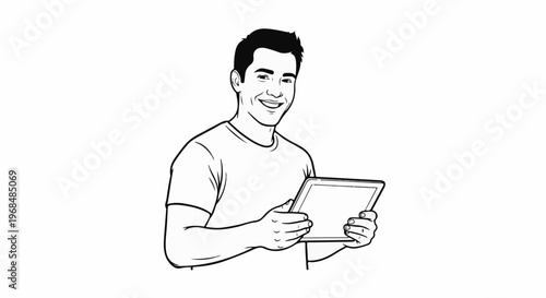 A smiling man in a t-shirt holds a tablet device with both hands