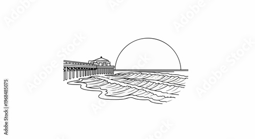 A simple line drawing depicts a pier extending over a wavy ocean towards a large, curved horizon