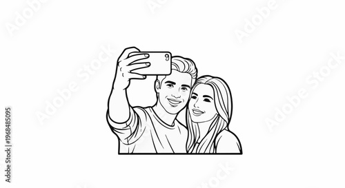 A smiling couple takes a selfie together with a smartphone, captured in black and white