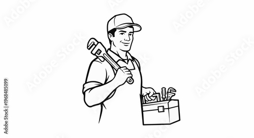 A smiling handyman in a cap carries tools, wrench, and toolbox