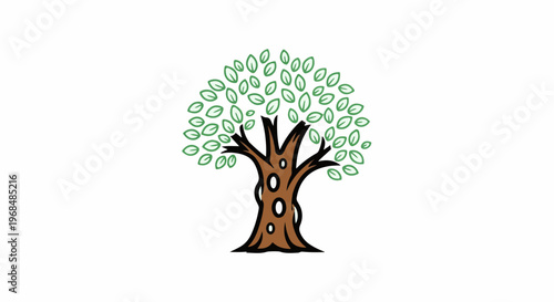 A stylized tree with a brown trunk and green leaves against a white background