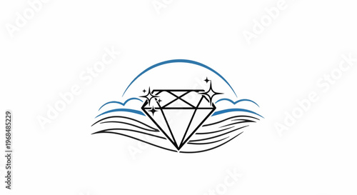 A sparkling diamond sits above flowing waves under a blue arc