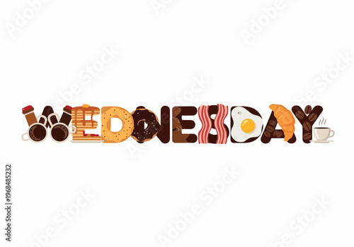 Deliciously crafted 'Wednesday' wordmark made from a vibrant assortment of classic breakfast foods, symbolizing mid-week morning energy and culinary delight