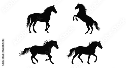Four black horse figures in dynamic poses a striking silhouette