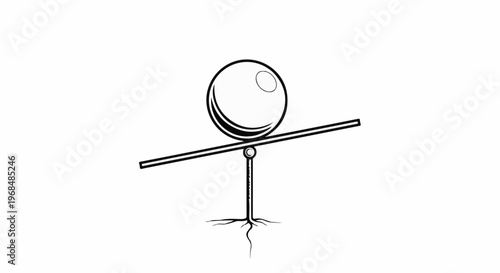 A sphere precariously balanced on a fulcrum with root-like base