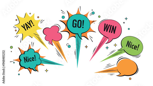 Dynamic Dialogue: A vibrant comic-style illustration showcases animated speech bubbles bursting with energetic exclamations, conveying excitement and positivity.