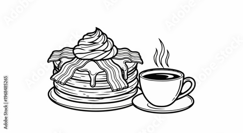 A stack of pancakes with bacon and whipped cream next to a steaming coffee cup