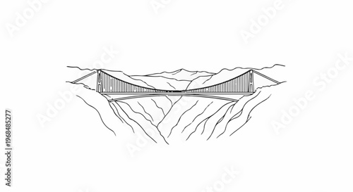A suspension bridge spans a deep canyon with mountains in the distance