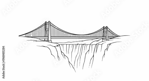 A suspension bridge spans a deep chasm with sheer cliffs on either side