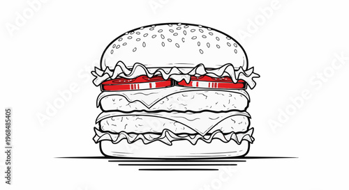 A thick double-layered burger illustration with red tomato slices, cheese, and lettuce