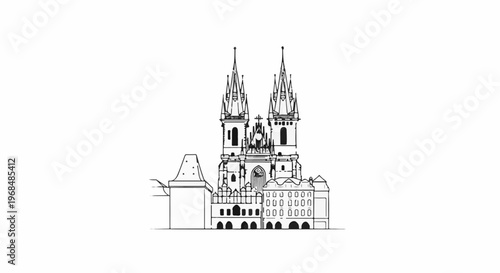 A stark black and white sketch of a large Gothic building with twin spires