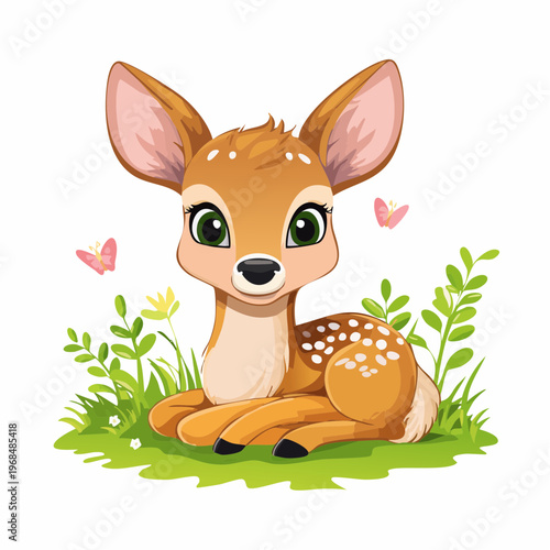 Niedliches Rehkitz sitzt im Gras – Cartoon Stil