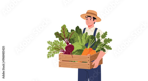 A male farmer in a straw hat is holding a wooden crate overflowing with fresh vegetables on a plain white background.