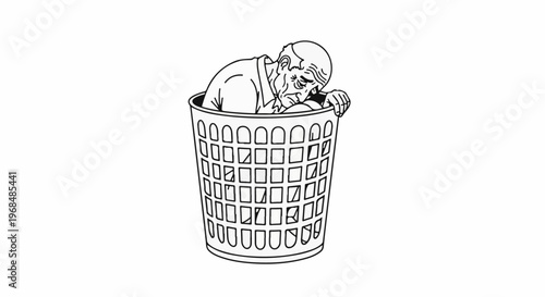 A tired, elderly man sits slumped inside a laundry basket, appearing defeated
