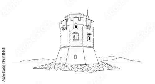 A stark line drawing of a stone tower on a rocky outcrop, against hills