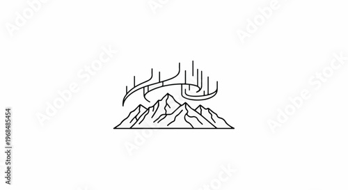 Abstract line art of mountains under a swirling aurora borealis