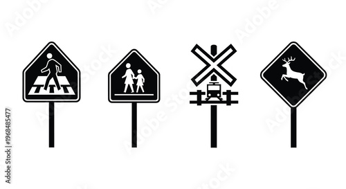 Four black road signs depicting pedestrians trains and deer silhouette