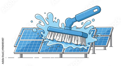 A blue brush is cleaning a row of blue solar panels with splashing water on a white background.