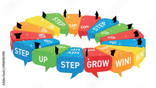 Progressive Journey: A visual representation of growth and success through steps, growth and win. Each speech bubble with a vibrant color, creating a dynamic visual narrative.