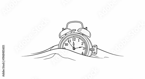 A vintage alarm clock is partially submerged in flowing lines, suggesting time passing