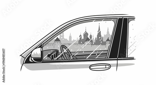 A view through a car window shows a snow-dusted city skyline