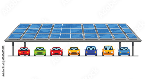 Seven colorful cars are parked under a solar panel carport with blue photovoltaic panels on a white background.