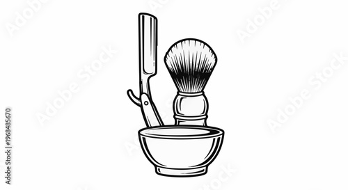 A vintage shaving set with a straight razor, brush, and bowl