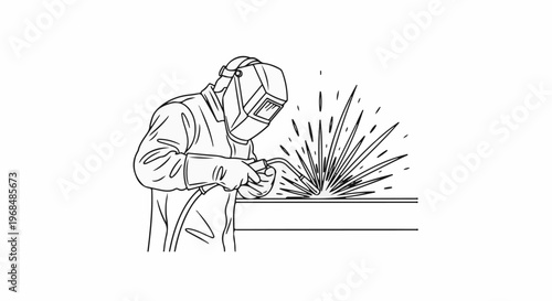 A welder in protective gear creates a burst of sparks while working on metal