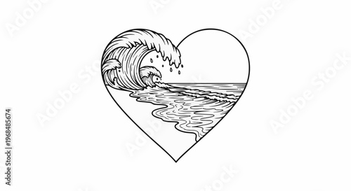 A wave crashes on a sandy shore within a heart outline
