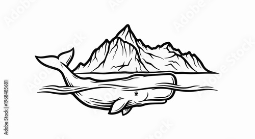 A whale surfaces in water before a mountain range