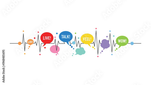 Pulse of Expression: A vibrant visual representation of communication and emotion, featuring a heartbeat line adorned with colorful speech bubbles. Each bubble displays a concise word.