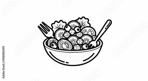 A whimsical depiction of a salad in a bowl, with dice, fork, and spoon