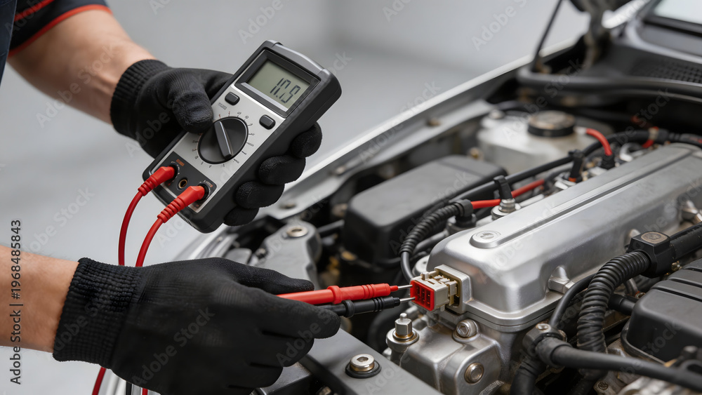Obraz premium Mechanic testing car engine with multimeter