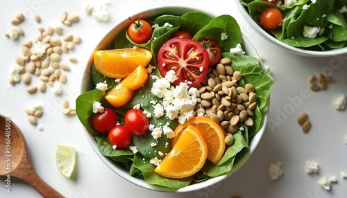 Fresh spinach salad with oranges cherry tomatoes feta cheese and nuts. Healthy meal with colorful ingredients for diet. Good for lunch or dinner.
