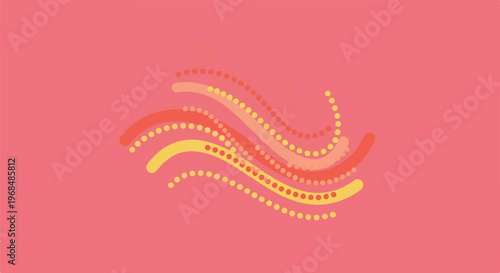 Abstract swirling lines and dots in warm coral and yellow hues on pink