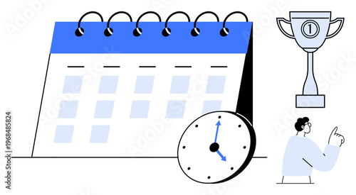 Time management concept. Calendar, clock, and trophy emphasizing effective time management for priority setting and achieving goals. Time management for productivity, planning, teamwork, success